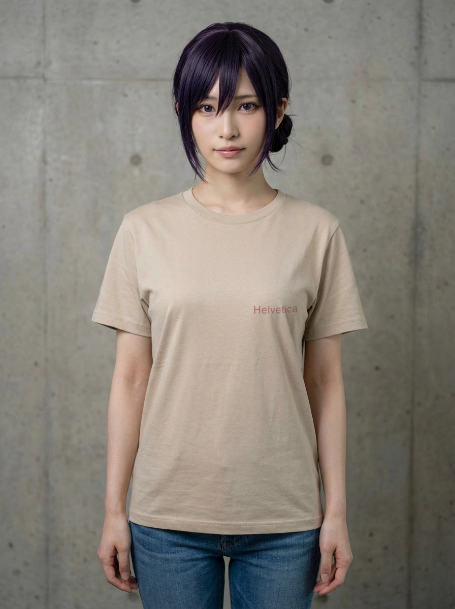 HelveticaのロゴTを着た女性モデル
